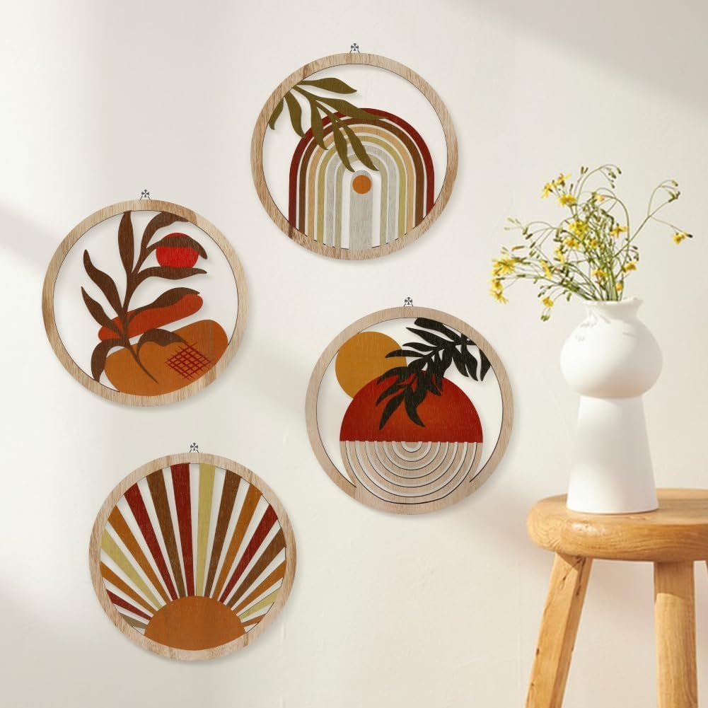 Wooden Boho Wall Art Set, Geometric Hanging Decor